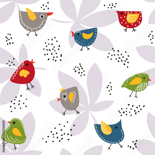 The pattern is seamless with cute birds and leaves. A hand-drawn drawing. Leaflet, greeting, invitation, poster, banner, postcard, web, packaging, paper, textiles, wallpaper