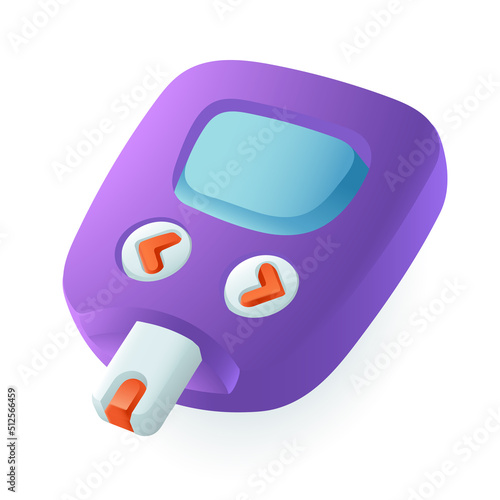 Purple glucose meter 3D icon. Glucometer, equipment or instrument for measuring sugar in blood 3D vector illustration on white background. Healthcare, medicine, diabetes concept
