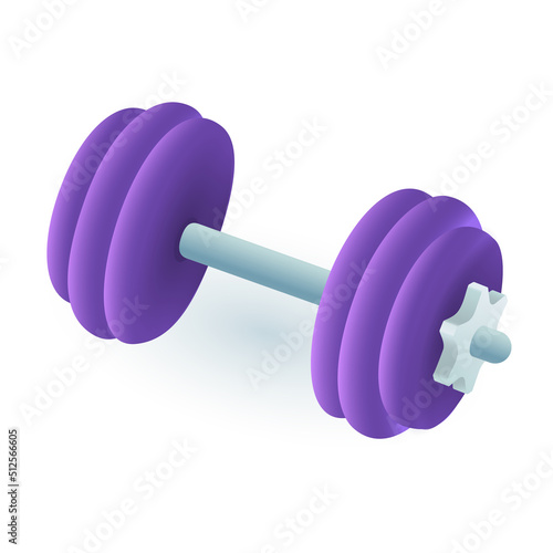 Dumbbell with purple plates 3D icon. Weights, equipment for gym 3D vector illustration on white background. Sports, healthy or active lifestyle, fitness concept