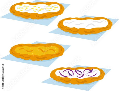 Langos hungarian retro street food with sour cream, cheese, onion, garlic. fried flatbread vector icon set