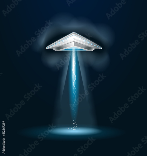 Alien spaceship with  light beam, smoke and glows. 3d vector ufo 