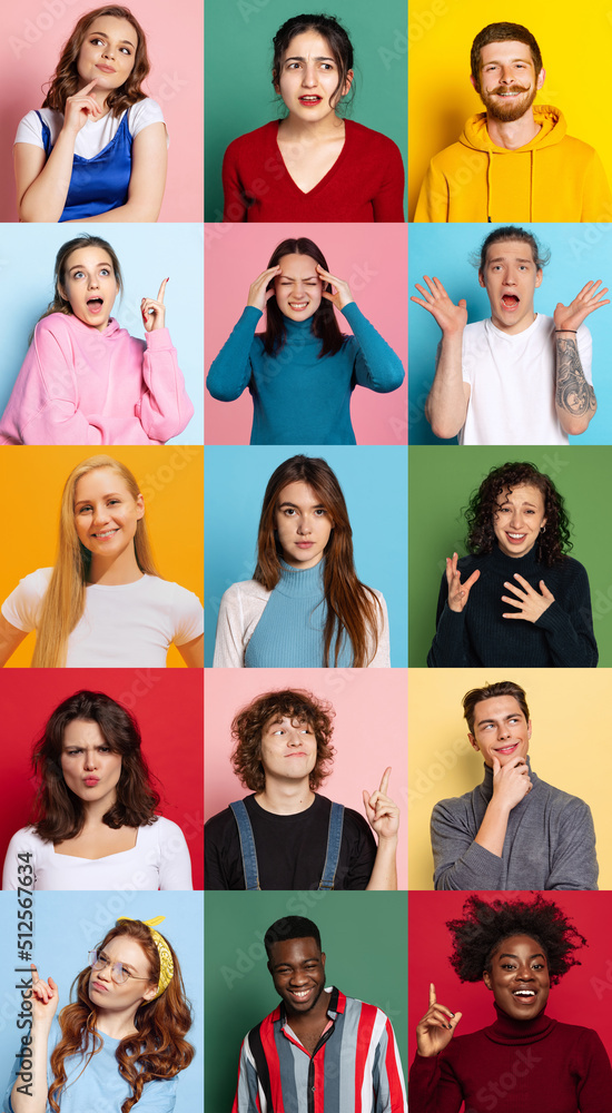 Collage of portraits of expressive male and female models, multiethnic group. Human emotions, facial expression, sales, ad concept. Collage of portraits of expressive male and female models, multiethnic group. Human emotions, facial expression, sales, ad concept.