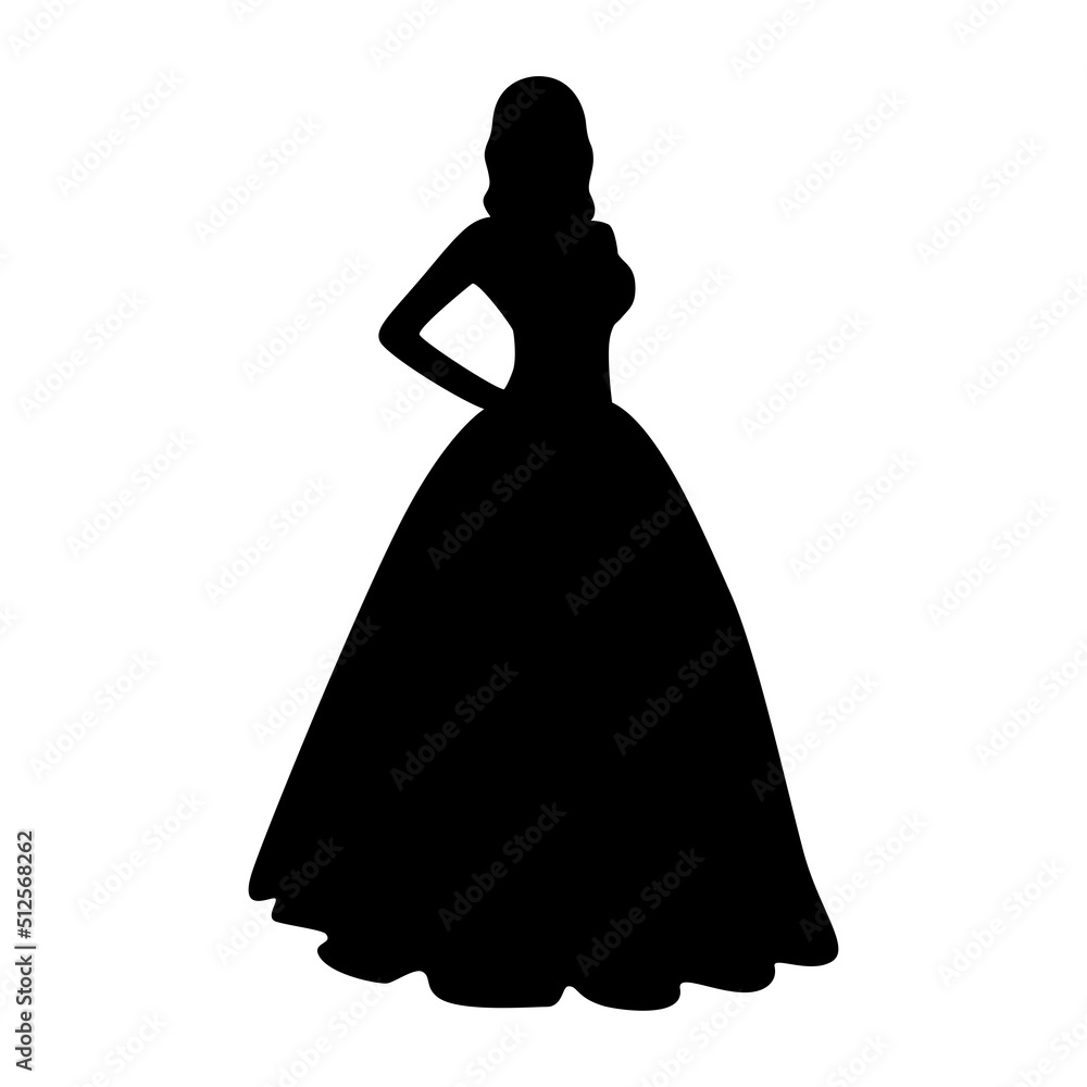 Bride in wedding puffy dress black isolated silhouette on white background. Abstract female image in evening dress. Shadow girl stands alone vector illustration. Beautiful lonely woman