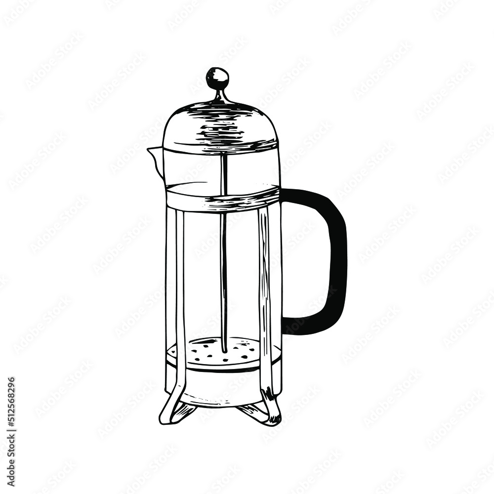A black glass teapot isolated on a white background. Hand drawn sketching vector illustration. A black glass teapot isolated on a white background. Hand drawn sketching vector illustration.
