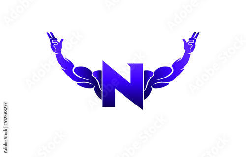 Letter N Logo With muscular open bicep shape. Fitness Gym logo.