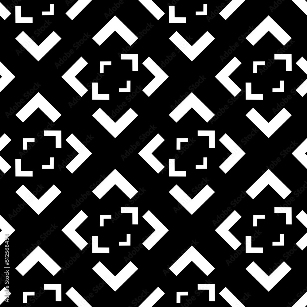 Fototapeta premium Vector. Black and white abstract ethnic seamless pattern. Background of angle brackets. Mosaic. Design of packaging paper, textile printing, web design, cover, advertising and typographic products.