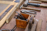 Carpentry and blacksmithing, large handmade nails, tools for manual labor of the past years