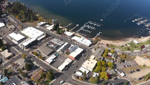 Aerial over the downtown area of McCall, Idaho. Payette Lake in the backdrop. photo