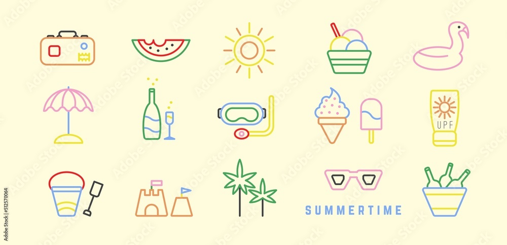 Set of various colorful line icons. Simple, outline Vector illustration. Summer holidays, vacation, tourism, beach, sea, travel concept. Geometric, minimalist design. Every icon is isolated