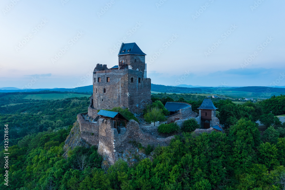 Aerial view about castle of Hollókő. Located in the mountains of Cserhát near Hollokő village, which declared a Unesco world heritage site.