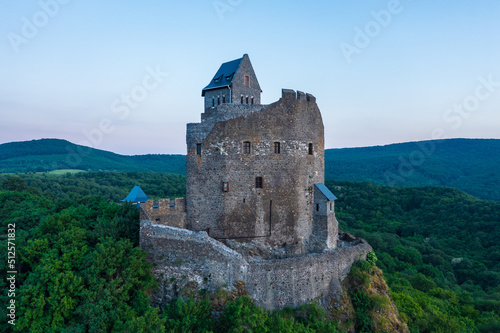 Aerial view about castle of Hollókő. Located in the mountains of Cserhát near Hollokő village, which declared a Unesco world heritage site.