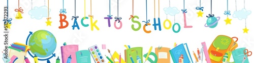 Back to school. Big decorative banner with school supplies, stars and lettering. In cartoon style. Isolated on white background. Vector illustration