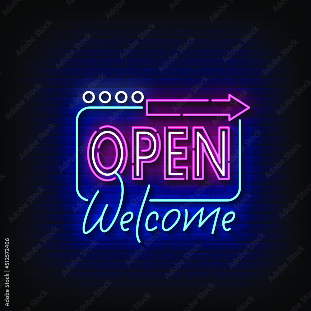 open welcome Neon Sign On Brick Wall Background Vector