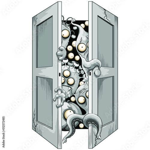 Monsters Creepy Cute Cartoon Character Behind the door, Halloween Vector Illustration isolated on white
