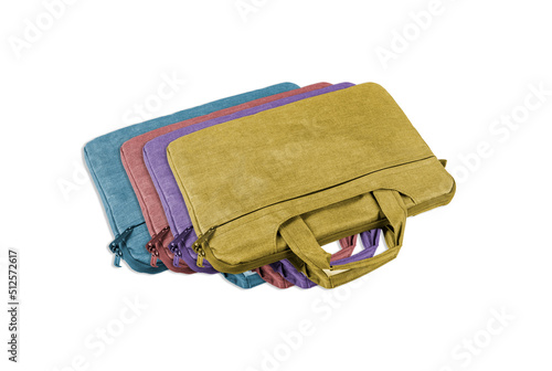 Multiple colors of laptop packing bags on isolated white background
