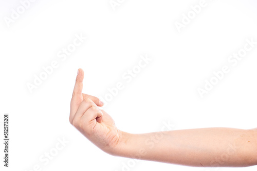 Fototapeta Pointing index finger up, child hand isolated on white