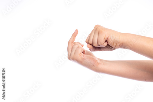 Fotografiet Crank lever middle finger insult, child hand isolated on white