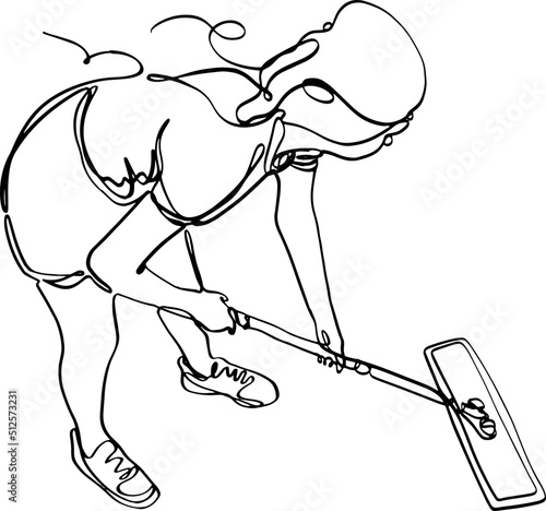 Woman washing the floor. Continuous line illustration, top view.