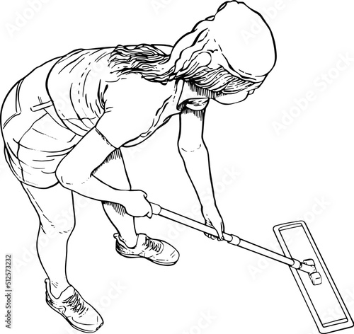 Woman washing the floor. Black and white vector illustration, top view