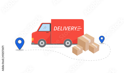 Delivery truck. Online order tracking. Point markers delivery. Concept of moved location with pin. Vector illustration.