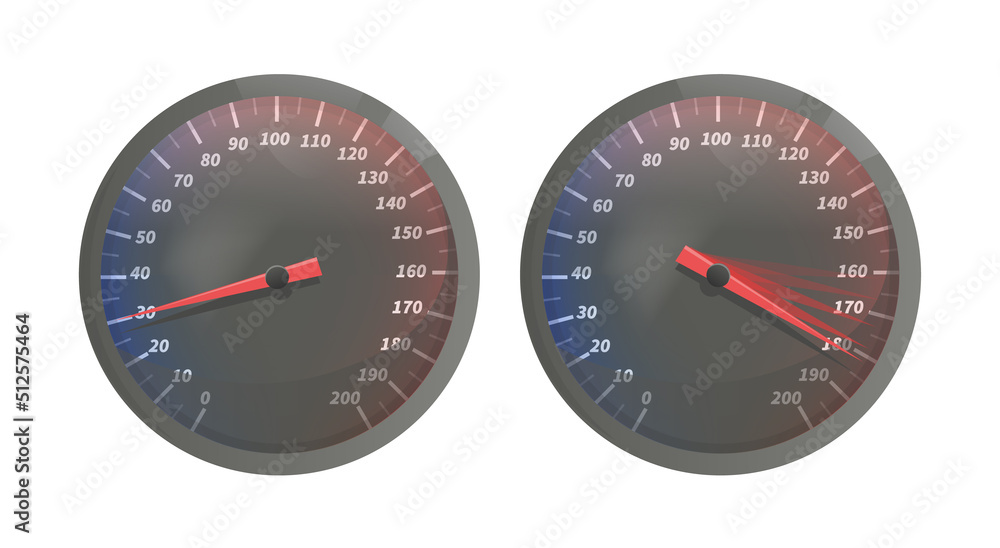 Speedometers isolated on white. High and low speed. Measuring instrument vector illustration. Speedometers isolated on white. High and low speed. Measuring instrument vector illustration.