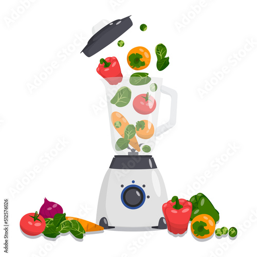 Food mixer, blender with fruits, vegetables. Variety of ingredients:persimmon,pepper,spinach,onion,tomato,carrot,Brussels sprouts. Healthy eating. Fitness and body care concept. Smoothie preparation