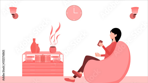 Women drinking coffee on recliner or bean bag vector illustration on living room interior background