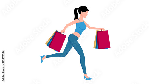 women with multiple shopping bags in hand flat character vector illustration on white background