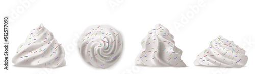 Whipped cream swirl or meringue with sprinkles top side view 3D vector. Custard, butter or vanilla creme for decoration cake, cupcake or muffin, realistic elements set isolated on background