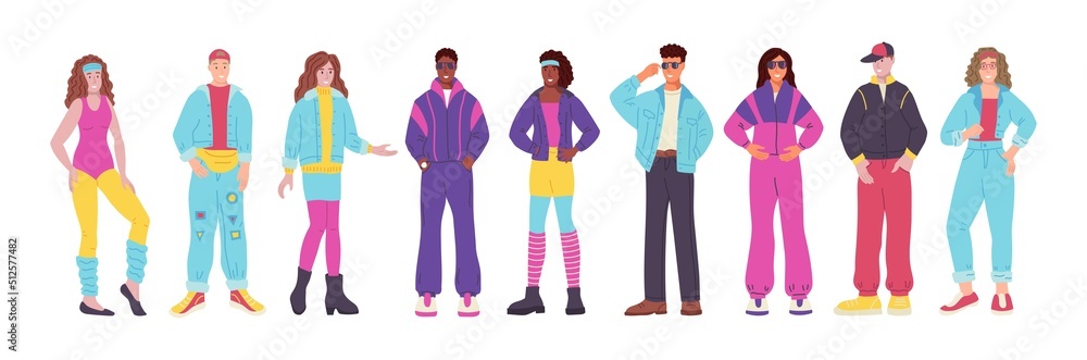 Set of characters. People in clothes in the style of the 90s. Neon, nostalgia, street style, trend. Flat vector illustration Set of characters. People in clothes in the style of the 90s. Neon, nostalgia, street style, trend. Flat vector illustration