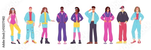 Set of characters. People in clothes in the style of the 90s. Neon, nostalgia, street style, trend. Flat vector illustration