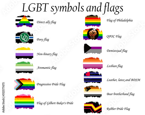 A set of new LGBT flags including Progressive, Aromantic, Philadelphia, QPOC, Demisexual, Lesbian, BDSM, Rubber photo