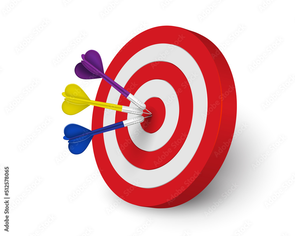 Three darts hitting the target isolated on white background 3D realistic vector illustration