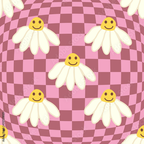 Retro Smile Chamomile Seamless Pattern on 1970 Wavy Swirl Seamless Pattern. Hippie Aesthetic.