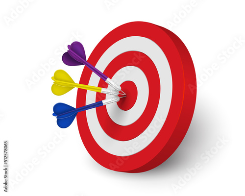 Three darts hitting the target isolated on white background 3D realistic vector illustration