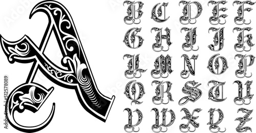 Papier peint medieval alphabet letters, baroque miniature alphabet, vector font type, monogram