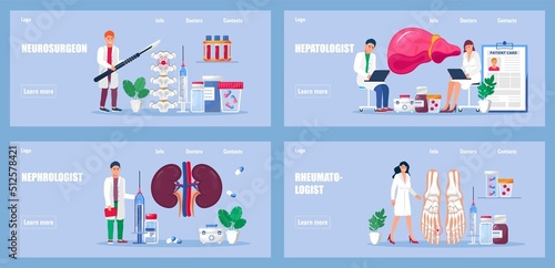 Hepatologist, rheumatologist vector set for medical sites, applications. Nephrologist, neurosurgeon treat patient Rheumatoid arthritis of the hand.