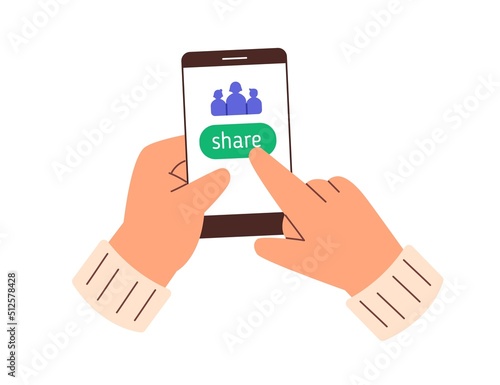 Clicking Share button on phone screen in mobile donation app. Hands holding smartphone, donating using charity application. Online help concept. Flat vector illustration isolated on white background
