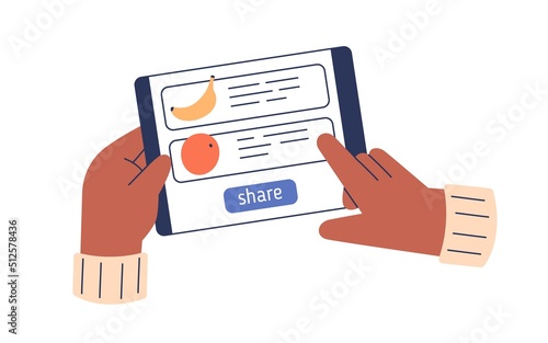 Sharing food online with mobile charity app. Hands holding tablet, clicking button in application to help, donate hungry people with groceries. Flat vector illustration isolated on white background
