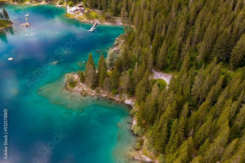 Aerial view of Caumer Lake in Graubrunden canton late afternoon, flims, Graubunden, Switzerland