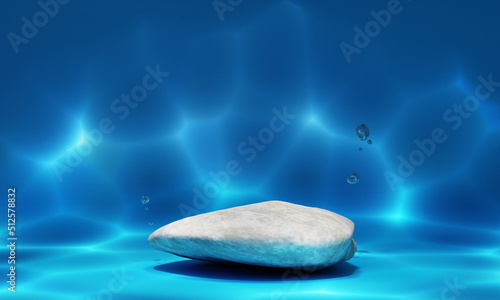 White rock product podium under the deep blue sea with ripple shadow sunlight background. Nature and seascape ocean concept. 3D illustration rendering