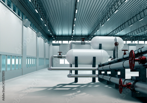 Gas liquefaction equipment. Pipes and tanks in compressor station. Processing gas into propane concept. Tanks with liquefied gas in hangar. Visualization of propane processing equipment. 3d rendering