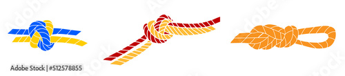 Set of isolated ropes with different knot types. Nautical thread or cord with sheet bend. Two ropes knotted or whipcord intertwined. Marine
