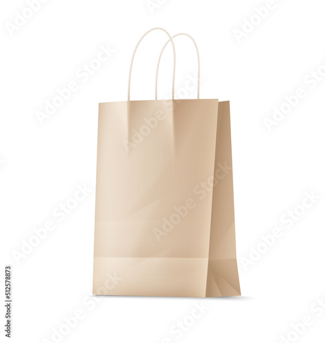 Kraft paper shopping bag Mockup isolated realistic. Design mockup Isolated on white transparent background. Paper Bag with rope handles. Vector illustration.