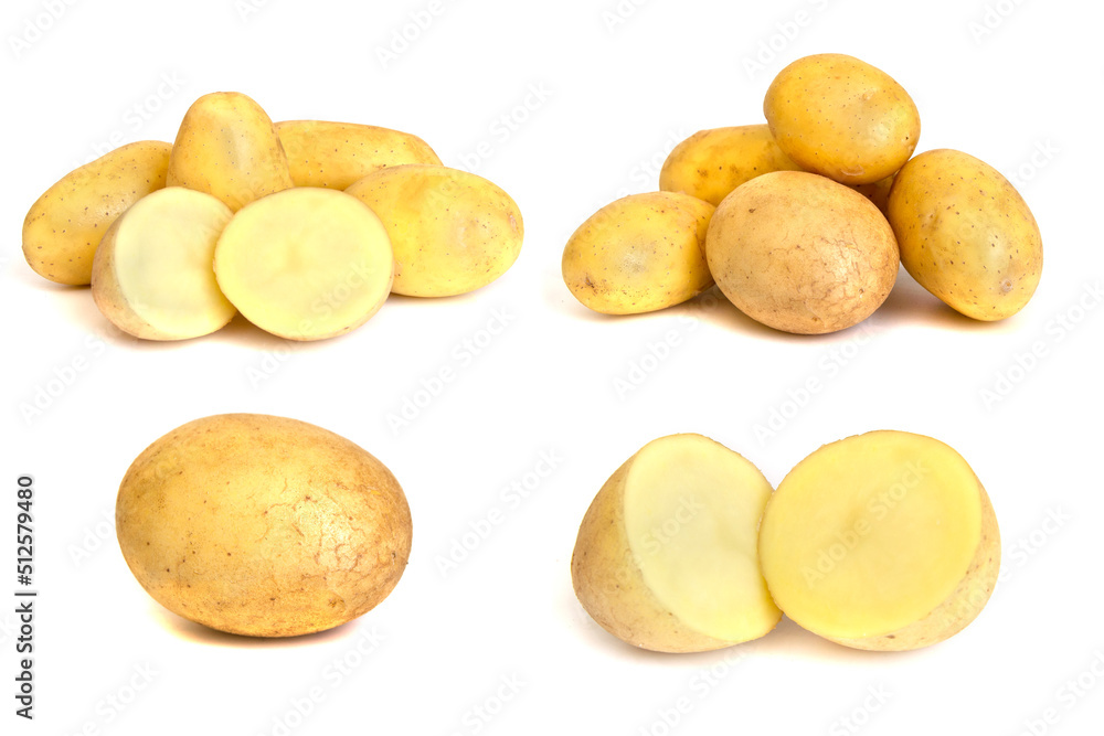 Fresh raw potato collection isolated on white background, set