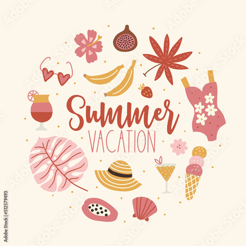 Summer greeting card with monstera, banana, swimsuit, ice cream, papaya