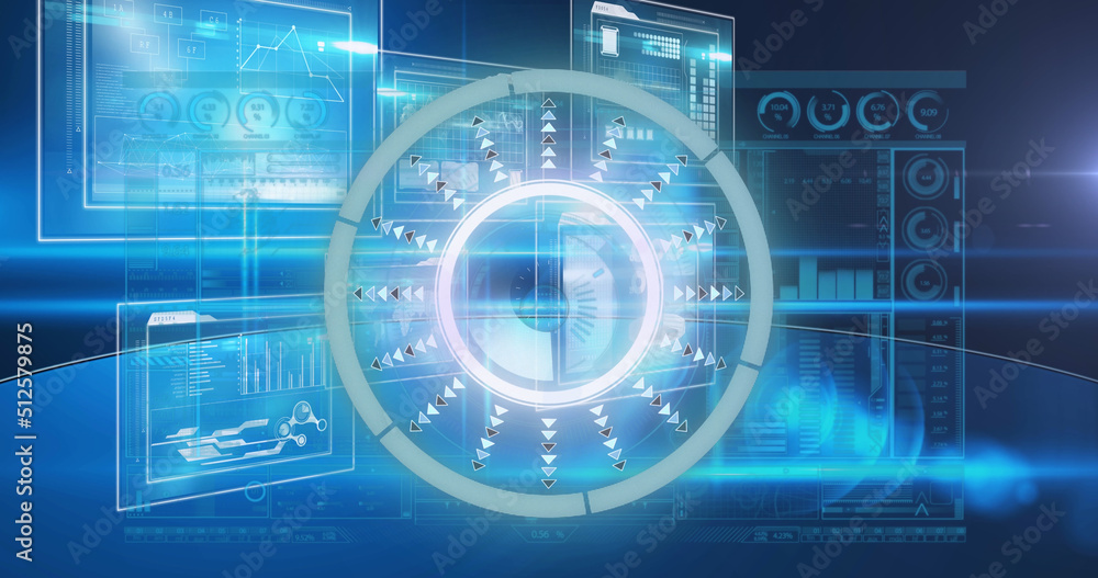 Image of light moving over processing circle on scientific graph and data Image of light moving over processing circle on scientific graph and data