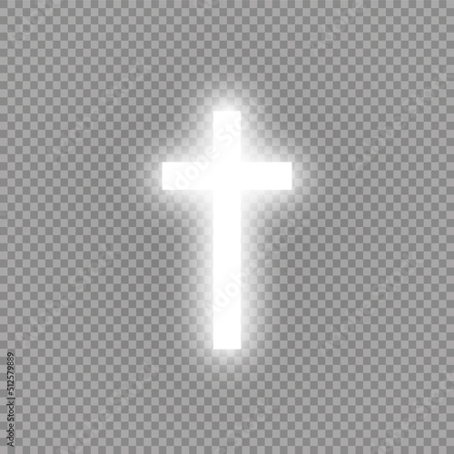 Shining white cross and sunlight special lens flare light effect on transparent background. Glowing saint cross. Vector illustration