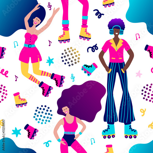 People with rollers party seamless vector girl and boy pattern. 80s flat roller skates background