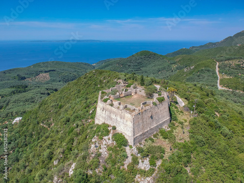 Aerial view of Ali Pascha castle overloking the entire bay of Parga, Epirus Greece © panosk18